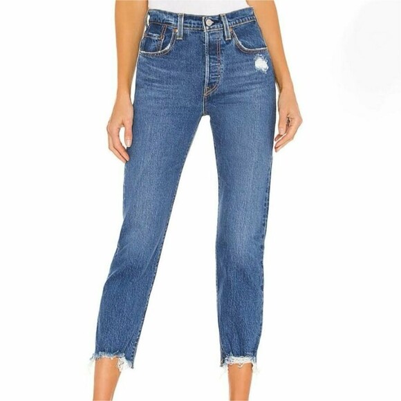 Levi's Premium 501 Cropped Straight Jeans Charleston Fun Blue Denim Raw Hem s 31 - Picture 1 of 15